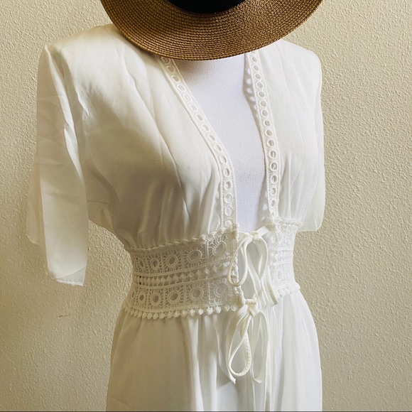 Boho beach dress coverup white crochet kimono top - Picture 5 of 7